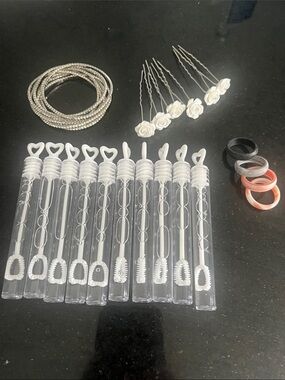 Silicone rings, 10 Wedding Bubble Wands, Bridal Hair Pins, Bracelets